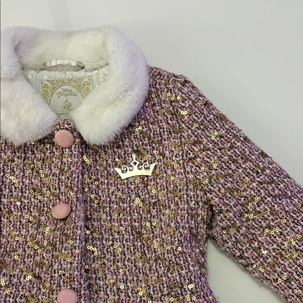 Disney Princess Tweed Coat Girls 5/5 Pink Sequins Faux Fur Dress-up Fairytale